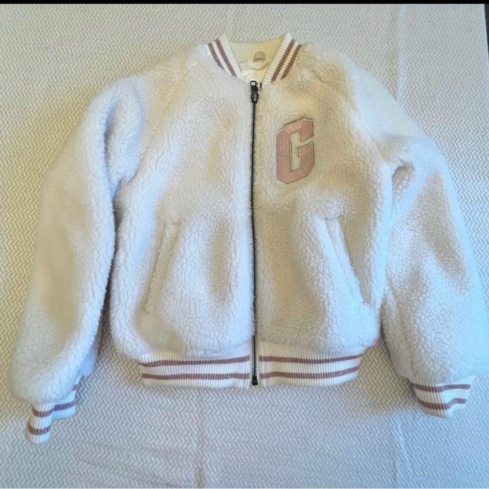 White Sherpa Bomber Jacket with Letter Patch